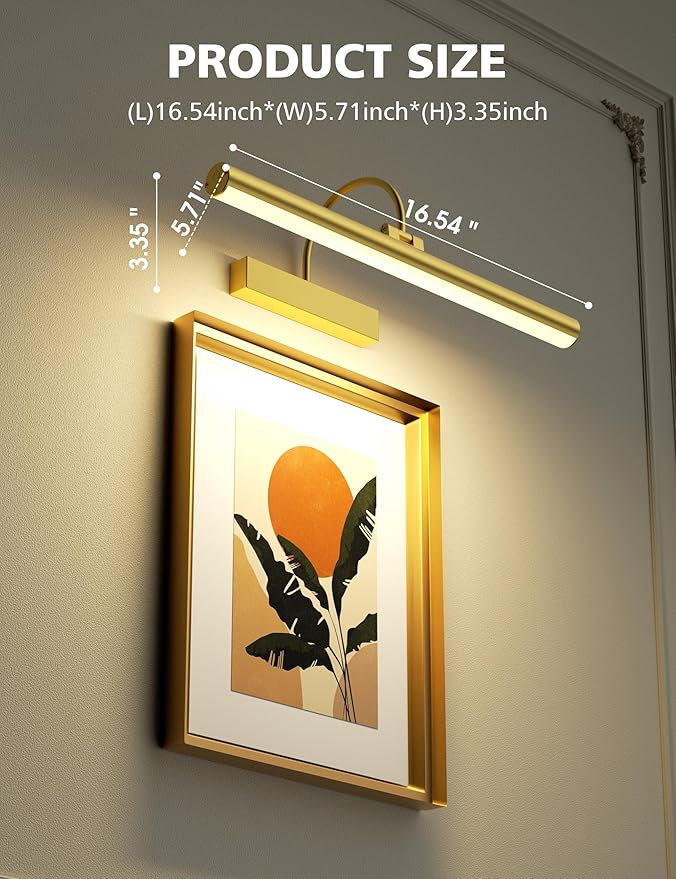 VOLISUN Picture Lights for Wall, 16 inch Rechargable Picture Light Battery Operated, 3 Color Temperatures Cordless Picture Light with Remote, Art Light for Paintings, Gallery, Portrait, 1 Pack (Gold)