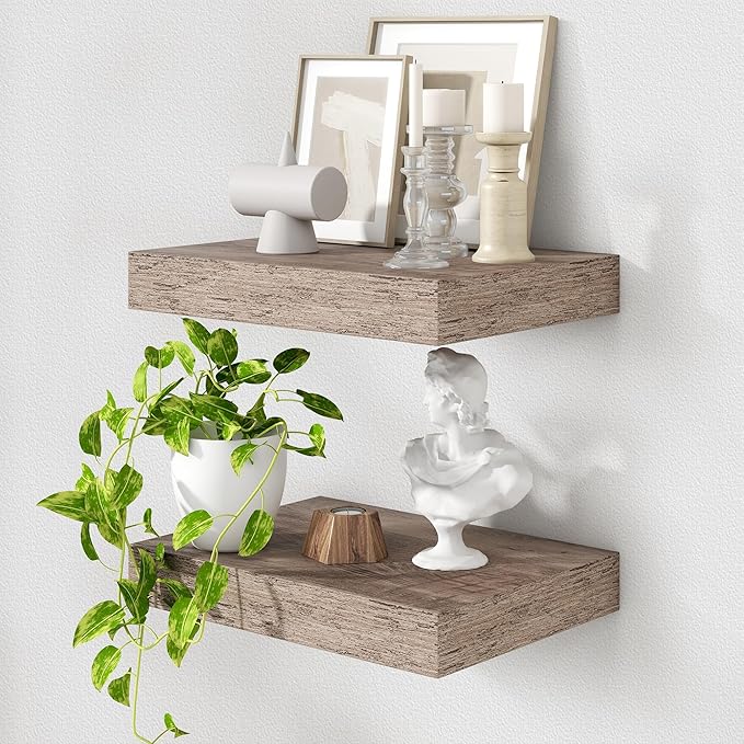 Deep Floating Shelves | 16 Inch Grey Floating Shelves Set of 2 | 12 Inch Deep Rustic Grey Wall Shelves | Deep Shelves for Living Room Bathroom Kitchen Bedroom