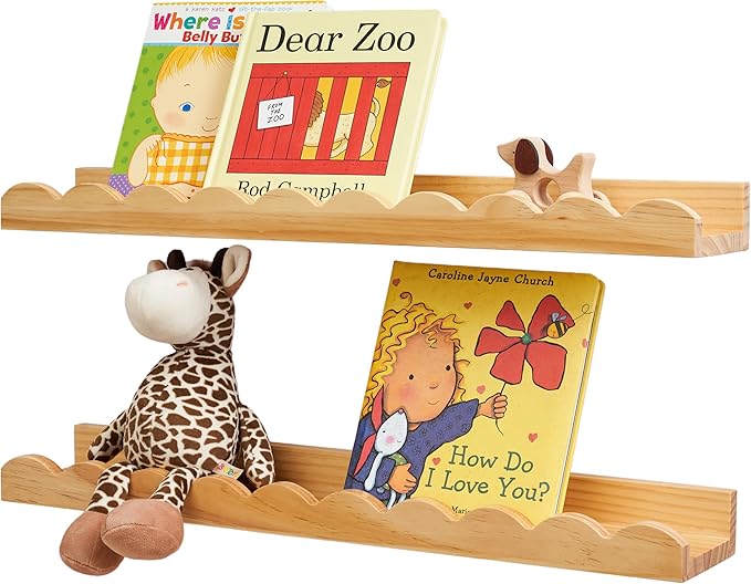 Nursery Book Shelves, Scalloped Floating Shelves Set of 2 Solid Pine Wood Wall Mounted Bookshelf with Wave Lip for Bedroom Kids, Toddler Room, Baby Room 24inch Natural