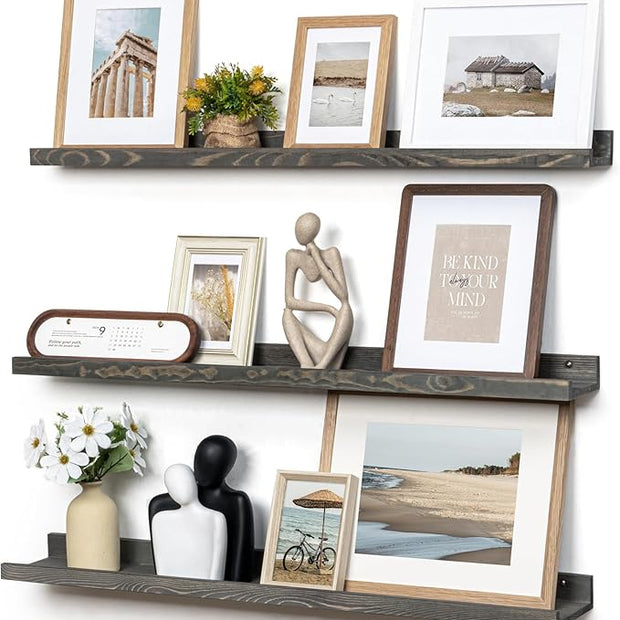 Picture Ledge Wall Shelves - 36 Inch Width Set of 3, Solid Pine Wood Rustic Floating Ledge Shelves for Kids' Room, Bedroom, Kitchen, Bathroom, Living Room, Nursery Display Wall Decor, Grey