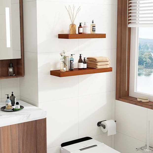 Marsmiles Wood Floating Shelves | Rustic Mahogany Wood Wall Shelves Set of 2 | 16" W x 6.7" D Wooden Floating Shelves for Bathroom Kitchen Living Room Bedroom