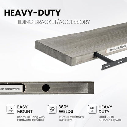 Fun Memories Floating Shelves for Wall, 55"x9.3" Rustic Solid Elm Wood Shelves, Heavy-Duty Wall Mounted Shelves with Invisible Brackets for Living Room, Bedroom, Kitchen, Grey Finish