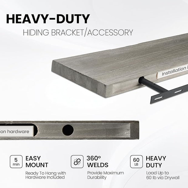 Fun Memories Floating Shelves for Wall, 48"x9.3" Rustic Solid Live-Edge Elm Wood Wall Shelves, Heavy-Duty Floating Shelves with Invisible Brackets for Living Room, Bedroom, and Kitchen, Grey Finish