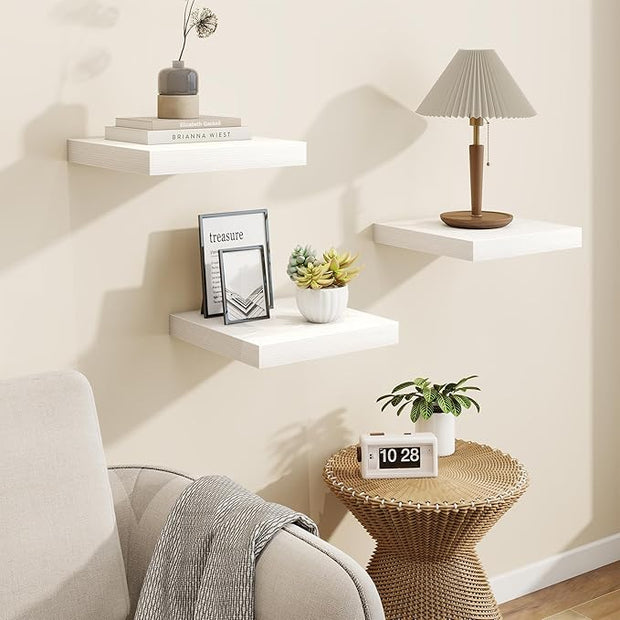Marsmiles Square Floating Shelves for Wall, 12" W x 12" D x 1.5" H, 3 Pack Small Wall Mounted Engineered Wood Shelves with Invisible Brackets for Living Room, Bedroom, Bathroom, Kitchen Decor, White
