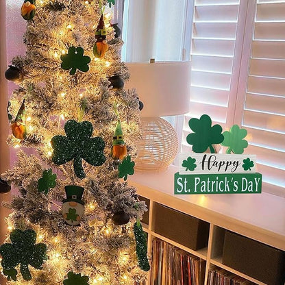 Happy St. Patrick's Day Table Decor Shamrock Home Office Wooden Table Top Decor Centerpiece Decorations for Tiered Trays Shelf Coffee Bar Mantle Windowsill