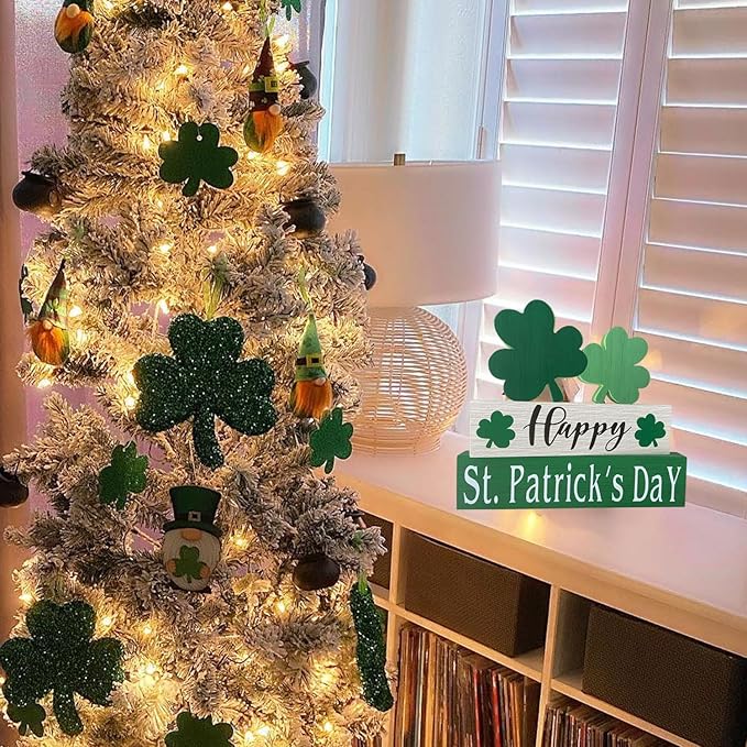 Happy St. Patrick's Day Table Decor Shamrock Home Office Wooden Table Top Decor Centerpiece Decorations for Tiered Trays Shelf Coffee Bar Mantle Windowsill