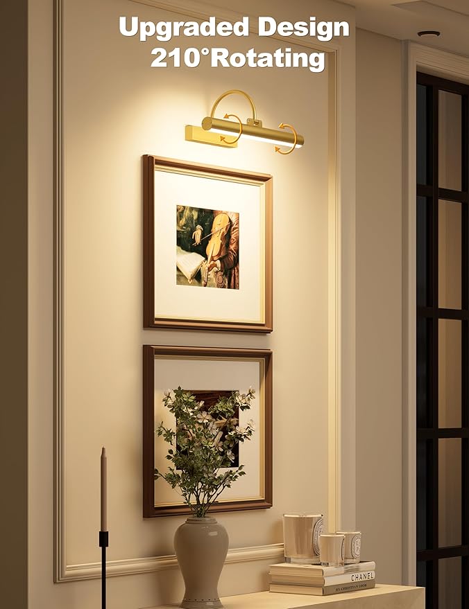 Bridika Picture Light for Wall with Remote, Rechargeable Battery Operated Picture Light, 3 Color Modes and Dimmable Classic Art Lights for Paintings, Gallery, Bedroom, Bathroom with Timer Gold 2