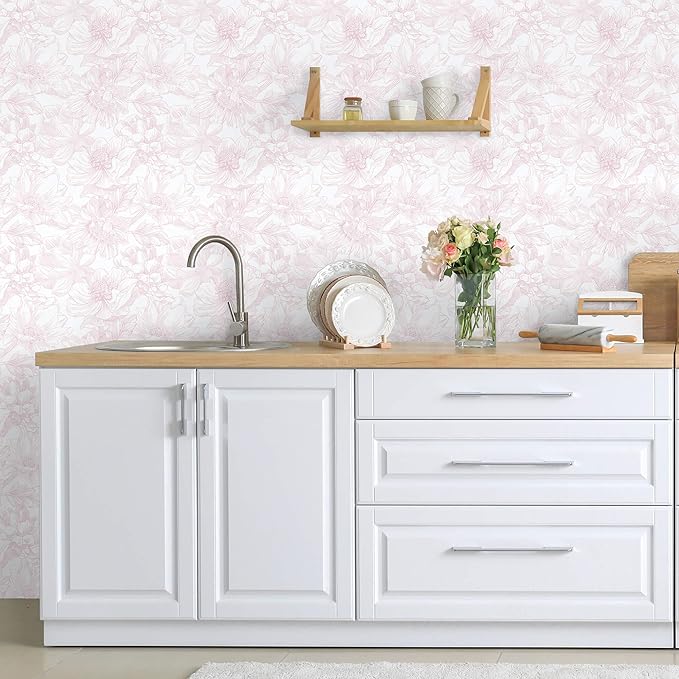 Ismoon Large Floral Peel and Stick Wallpaper Boho White/Pink Contact Paper 17.3inx16.3ft Removable Self Adhesive Bedroom Cabinet Mural Wall Decor Vinyl Roll
