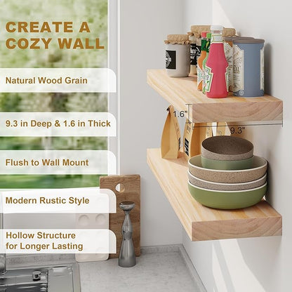 Fun Memories Floating Shelves, 9.3'' Deep Solid Pine Wood Wall Shelves for Storage, Wall Mounted Display Shelf with Invisible Heavy-Duty Metal Bracket, 24'' Width Set of 2, Unfinished - DIY Stain