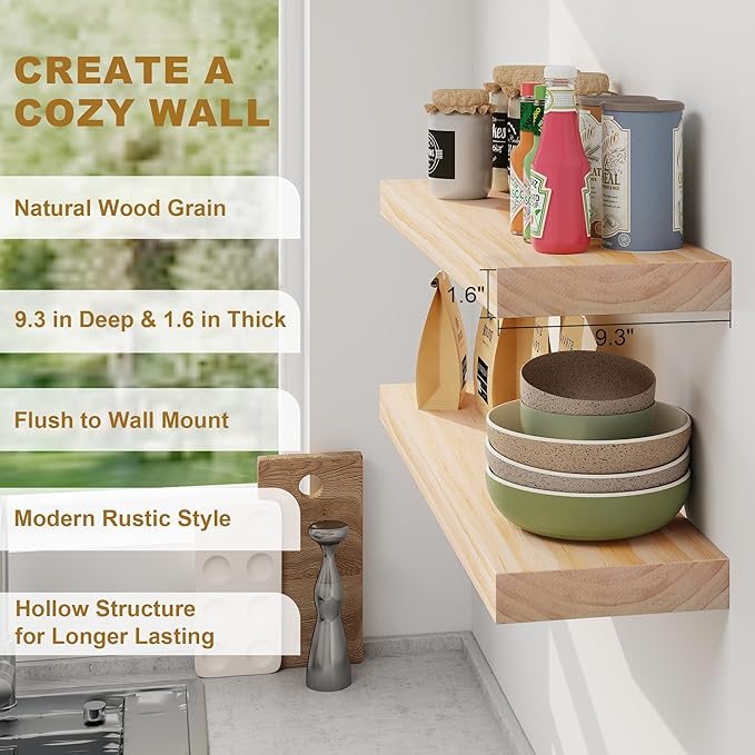 Fun Memories Floating Shelves, 9.3'' Deep Solid Pine Wood Wall Shelves for Storage, Wall Mounted Display Shelf with Invisible Heavy-Duty Metal Bracket, 36'' Width Set of 2, Unfinished - DIY Stain