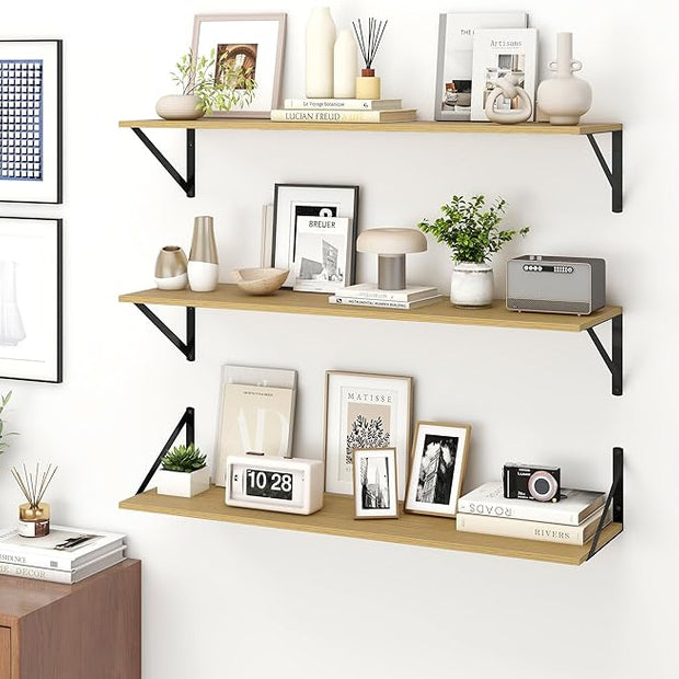 Fun Memories Deep Floating Shelves for Wall, 36W x 8D Wall Mounted Shelves Set of 2, Wide Display Ledge Shelf with Sturdy Metal Brackets for Living Room, Bathroom, Bedroom and Kitchen, Oak