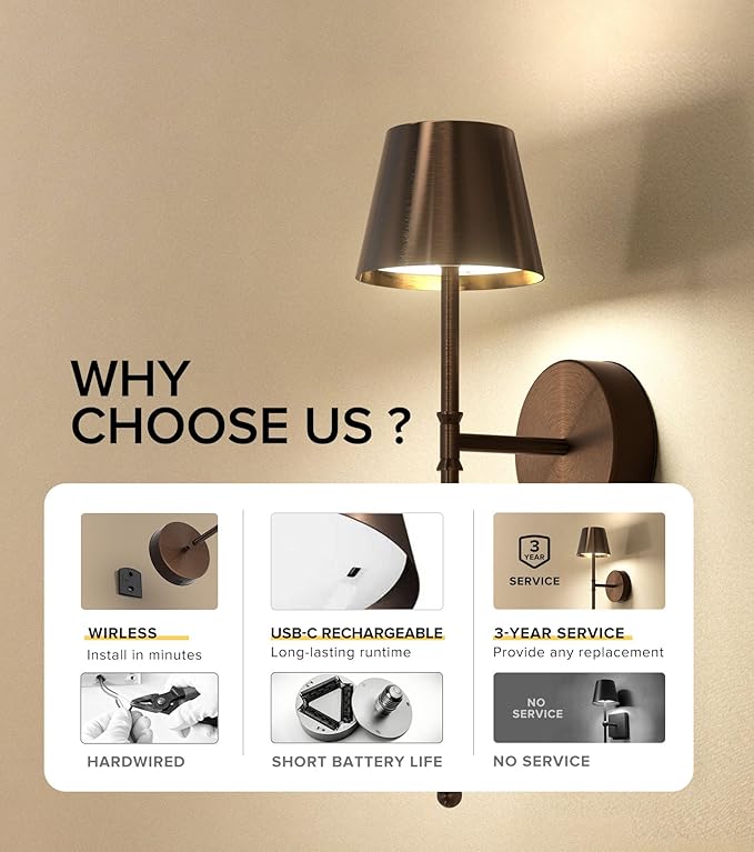 UME Wireless Sconces Set of 2 with Remote, 5200mAh Battery Powered Sconces - Small Rechargeable Sconces w/ 3 Color Temps & 5 Brightness Levels for Bedroom, Living Room, Wall Painting, Cafe (Coffee)