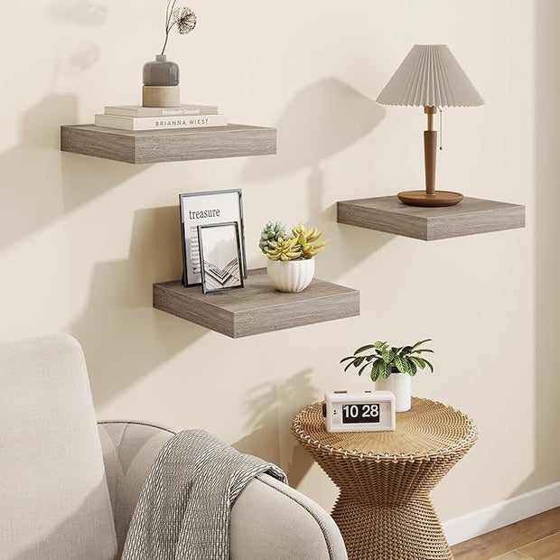 Marsmiles Square Floating Shelves for Wall, 10" W x 10" D x 1.25" H, 3 Packs Small Wall Mounted Engineered Wood Shelves with Invisible Brackets for Living Room, Bedroom, Bathroom, Kitchen Decor, Grey