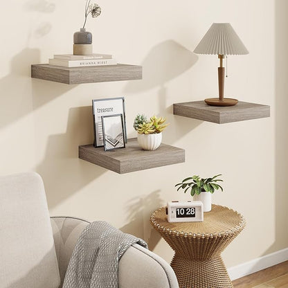 Marsmiles Square Floating Shelves for Wall, 12" W x 12" D x 1.5" H, 3 Pack Small Wall Mounted Engineered Wood Shelves with Invisible Brackets for Living Room, Bedroom, Bathroom, Kitchen Decor, Grey