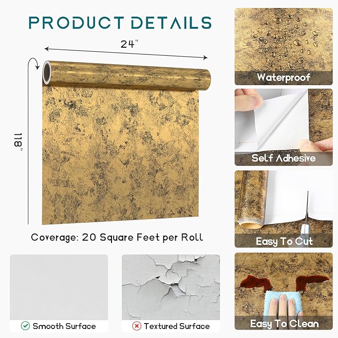 VEELIKE Luxury Metallic Textured Wallpaper Peel and Stick Modern Gold Wallpaper for Bedroom Living Room Accent Wall 24''x118'' Self Adhesive Vinyl Wall Paper Gold Contact Paper for Cabinets Shelves