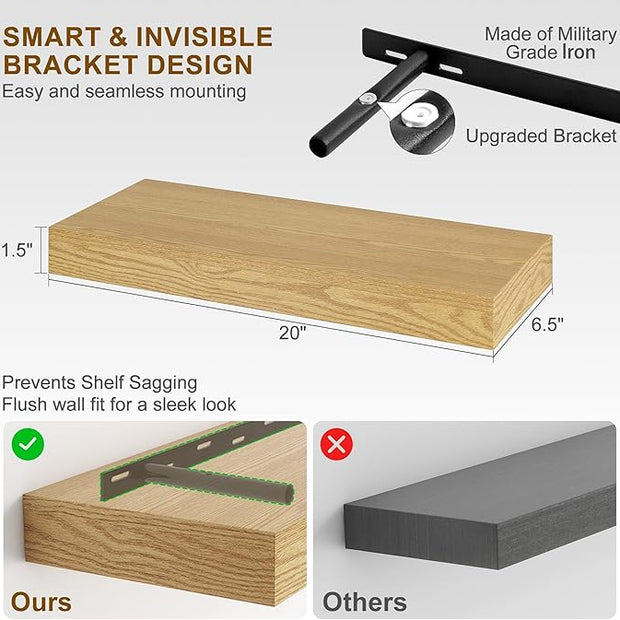 Fun Memories Floating Shelves for Wall, 20Inch Floating Shelves Set of 2, Hanging Shelf with Invisible Brackets, Wood Shelves for Living Room, Bedroom, Kitchen, Oak