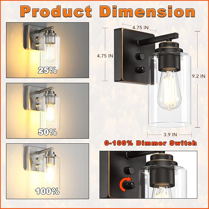 Wall Sconces Set of Two, Oil Rubbed Bronze Wall Scone with Switch, Bedside Wall Lamps, Sconces Decor Set, Bedroom Sconces, Modern Bathroom Light Fixtures with Clear Glass Shade