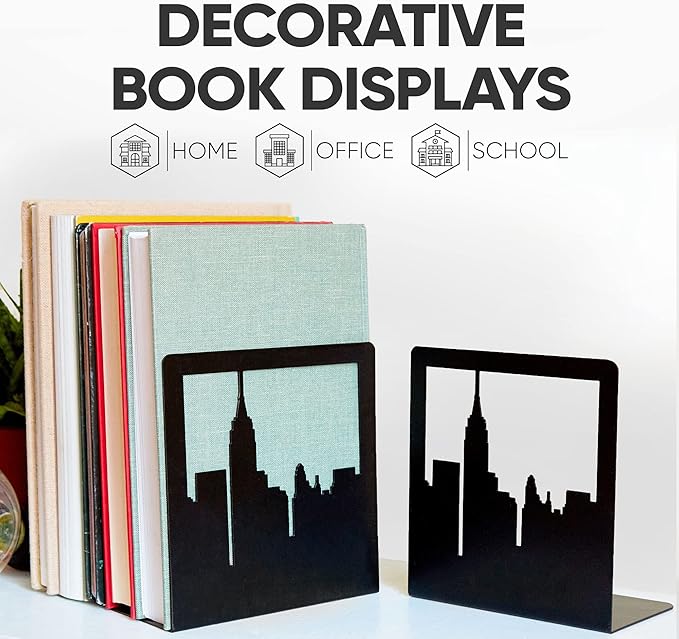 Geomod Decorative New York City NYC Skyline Metal Bookends (Black, 1 Pair) Book Ends for Tables, Desks, Shelves | Bookends to Hold Tall, Hardback Books…