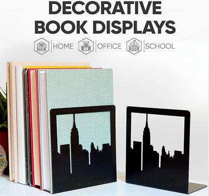 Geomod Decorative New York City NYC Skyline Metal Bookends (Black, 1 Pair) Book Ends for Tables, Desks, Shelves | Bookends to Hold Tall, Hardback Books…