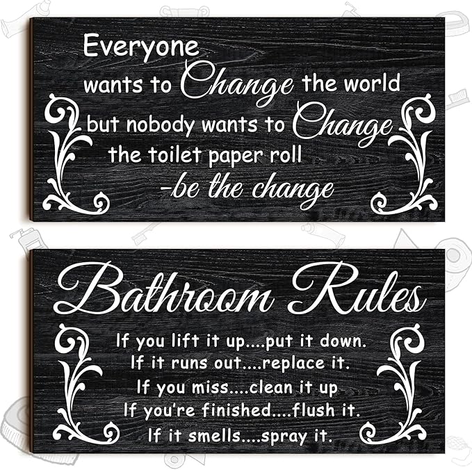 Jetec 2 Pieces Funny Bathroom Signs Bathroom Wall Decor Toilet Wall Accessories Farmhouse Toilet Rustic Wooden Signs, 12x6 Inch(Dark Style)