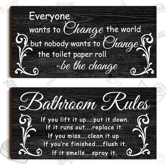 Jetec 2 Pieces Funny Bathroom Signs Bathroom Wall Decor Toilet Wall Accessories Farmhouse Toilet Rustic Wooden Signs, 12x6 Inch(Dark Style)