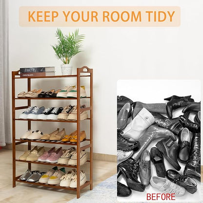 6 Tier Bamboo Shoe Rack, Free Standing Shoes Rack Shoe Shelf Shoe Organizer for Closet, Entryway, Bedroom, Living Room, Front Door, Studio, Bathroom