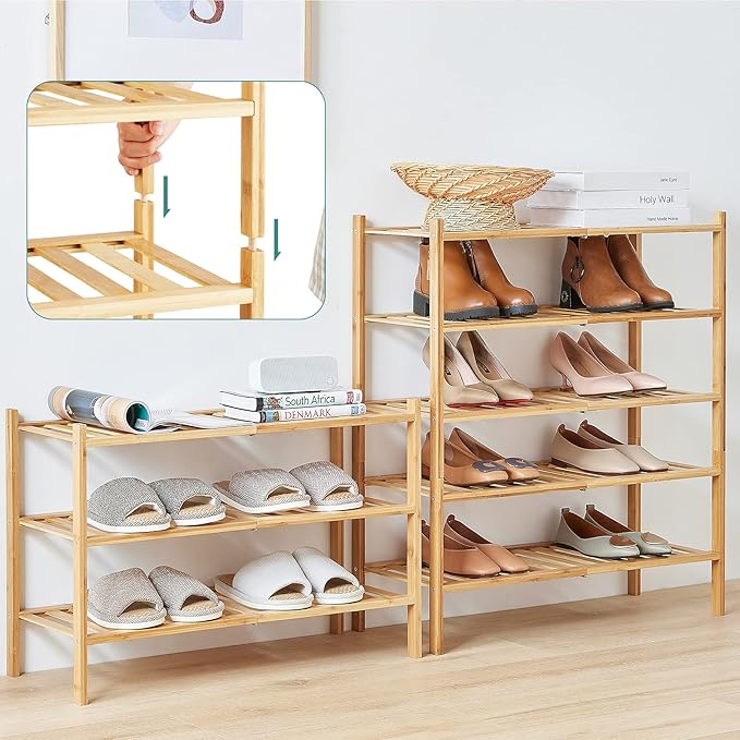 4-Tier Bamboo Shoe Rack for Entryway, Stackable | Foldable | Natural, Shoe Organizer for Hallway Closet, Free Standing Shoe Racks for Indoor Outdoor