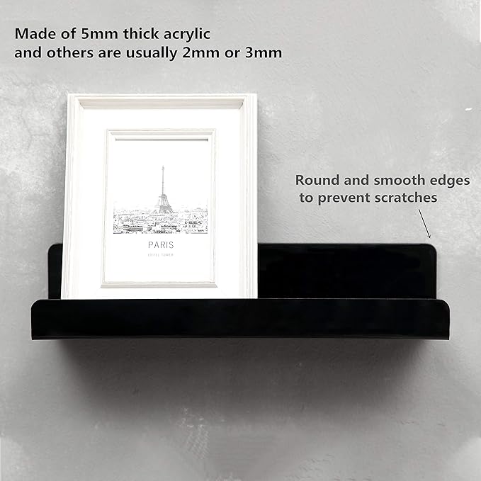 IEEK 15 Inch Black Acrylic Floating Wall Ledge Shelf,Wall Mounted Nursery Kids Bookshelf,5MM Thick Home/Office/Bathroom Storage Shelves Display Organizer Set of 3
