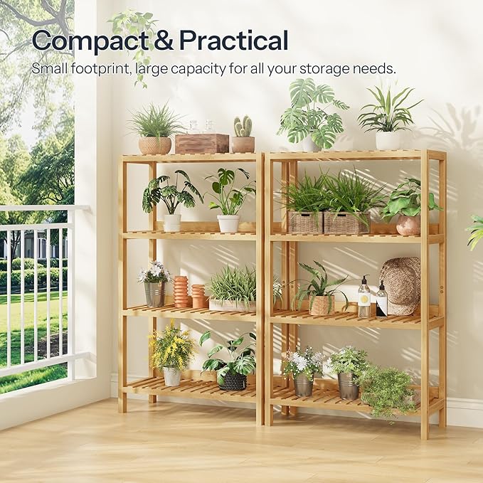 HOOBRO Bamboo Storage Shelf, 4-Tier Freestanding Shelving Unit, Multifunctional Storage Rack with Back Panel, 23.6 x 10.2 x 39.4 inches, for Bathroom, Living Room, Balcony, Kitchen, Natural YL95CJ01