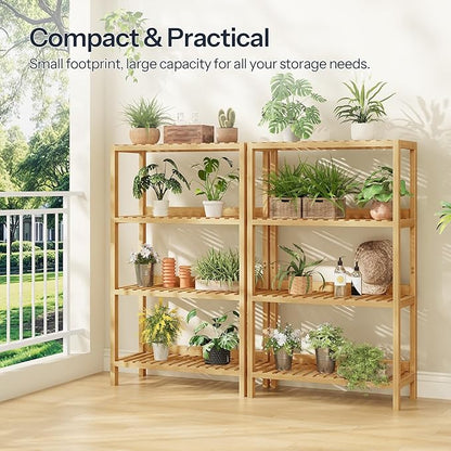 HOOBRO Bamboo Storage Shelf, 4-Tier Freestanding Shelving Unit, Multifunctional Storage Rack with Back Panel, 23.6 x 10.2 x 39.4 inches, for Bathroom, Living Room, Balcony, Kitchen, Natural YL95CJ01