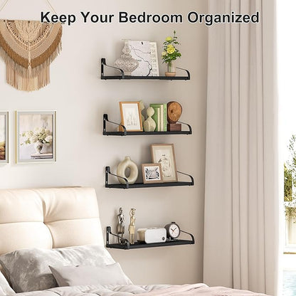 Love-KANKEI Black Floating Shelves for Wall Set of 4, 15.7 Inch Wood Wall Shelves with Bracket, Rustic Hanging Shelves for Bathroom, Bedroom, Kitchen,Living Room, Office Display