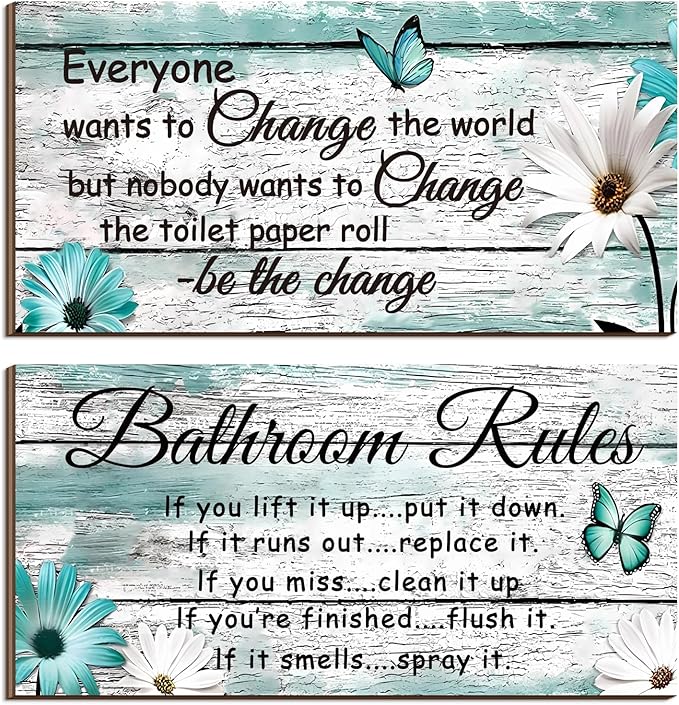 Jetec 2 Pieces Funny Bathroom Signs Bathroom Wall Decor Toilet Wall Accessories Farmhouse Toilet Rustic Wooden Signs, 12x6 Inch(Butterfly Style)