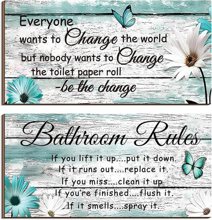 Jetec 2 Pieces Funny Bathroom Signs Bathroom Wall Decor Toilet Wall Accessories Farmhouse Toilet Rustic Wooden Signs, 12x6 Inch(Butterfly Style)