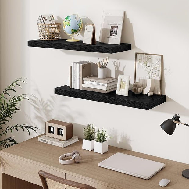 Fun Memories Floating Shelves for Wall, 32 Inch Long Floating Shelves Set of 2, 32 x 10 Wooden Shelves for Wall, Large Storage Shelves, Hanging Shelves for Bathroom Kitchen Bedroom, Black