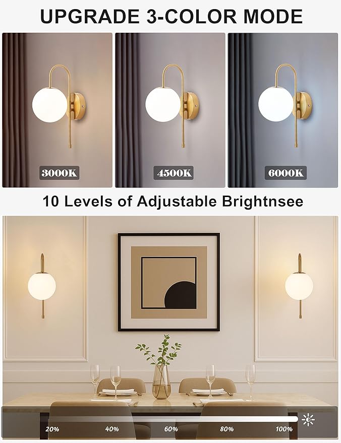 Battery Operated Gooseneck Wall Sconces Set of 2, Glass Globe Wireless Lights with Remote & Touch, Rechargeable Brushed Gold Sconce, 3 Color Dimmable Ambient Lighting for Bedroom Living Room