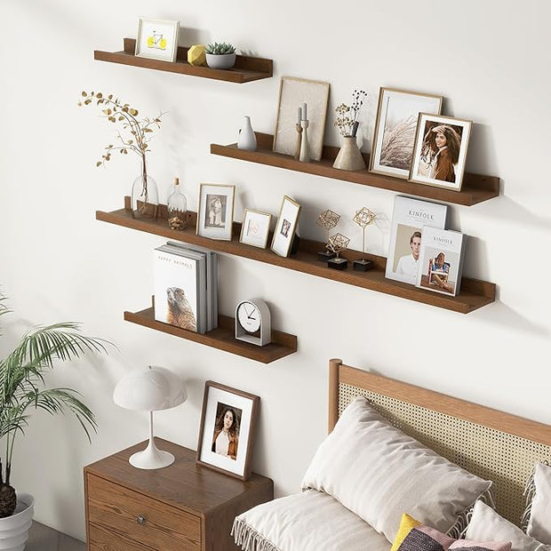 Picture Ledge Wall Shelves 36 inches Width Set of 3, Solid Pine Wood Rustic Floating Ledge Shelves for Wall for Kids' Room Bedroom Kitchen Bathroom Living Room Nursery Display Wall Decor, Walnut