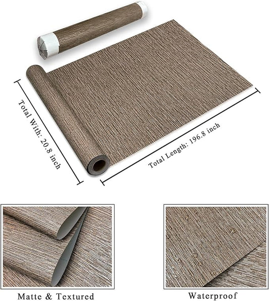 20.8" x 196.8" Textured Peel and Stick Wallpaper, Brown Grasscloth Self Adhesive Wallpaper for Bedroom Bathroom Laundry Room RV Stick and Peel Wall Paper Thickened