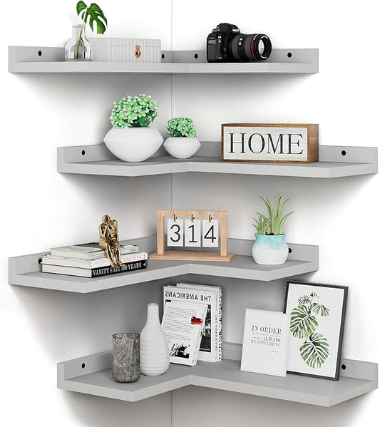 4 Tier Floating Corner Shelves Grey Set of 4, Rustic Pine Wooden Floating Corner Wall Shelf for Wall Décor Storage, L Shaped Corner Shelf Wall Mount for Bedroom, Living Room, Bathroom, Kitchen.