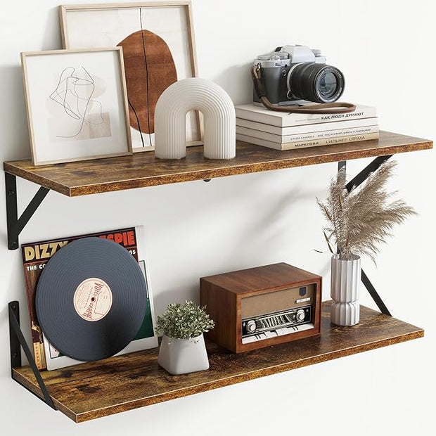 Floating Shelves with Black Metal Brackets Set of 2,30" Wx8 D Wall Mounted Shelves Floating Bookshelf,Hanging Storage Shelf for Living Room,Bedroom,Bathroom,Office,Rustic Brown