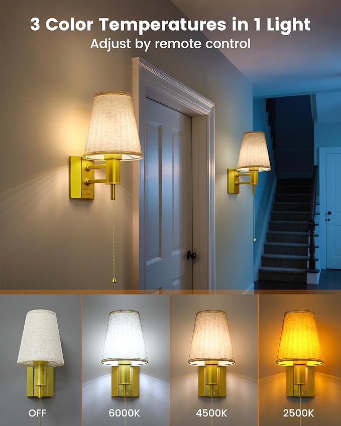 Battery Operated Wall Sconce Lights for Bedroom Set of 2, Wireless Rechargeable LED Wall Lamp with Remote & On/Off Pull Chain, Wall Mount Lighting Fixtures for Living Room, Satin Gold