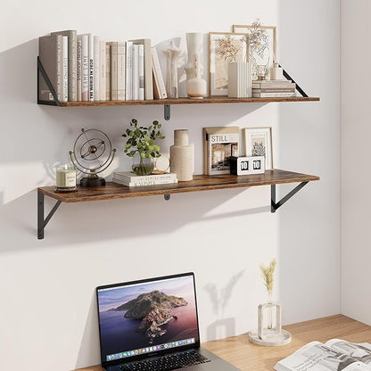 Heimlove Deep Floating Shelves for Wall, 36W x 8D Wood Wall Shelves Set of 2, Wide Floating Bookshelf for Living Room, Kitchen, Office, Bedroom and Decor Storage, with Metal Bracket - Rustic Brown