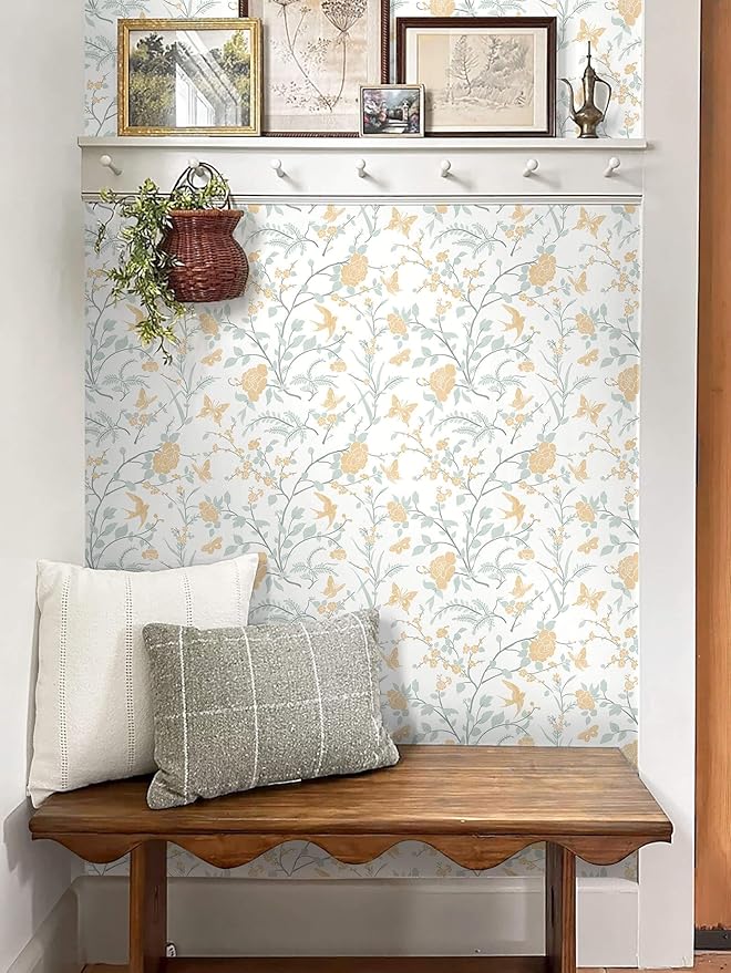 Yellow Wallpaper Floral Peel and Stick Wallpaper Boho Light Blue and Yellow Wall Paper Bird Botanical Contact Paper for Cabinets Renter Friendly Self-Adhesive Bathroom Bedroom 393"×17.3"