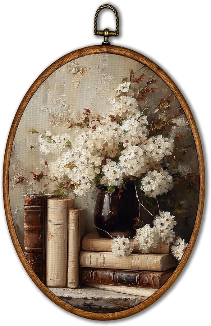 KSDUT Retro Flower Book Wall Art Decor - Neutral Mid Century Modern Wall Art Canvas Frame Hanging Prints, Vintage Dark Academia Floral Oval Artwork Decor for Gallery Home Decorations 8.6