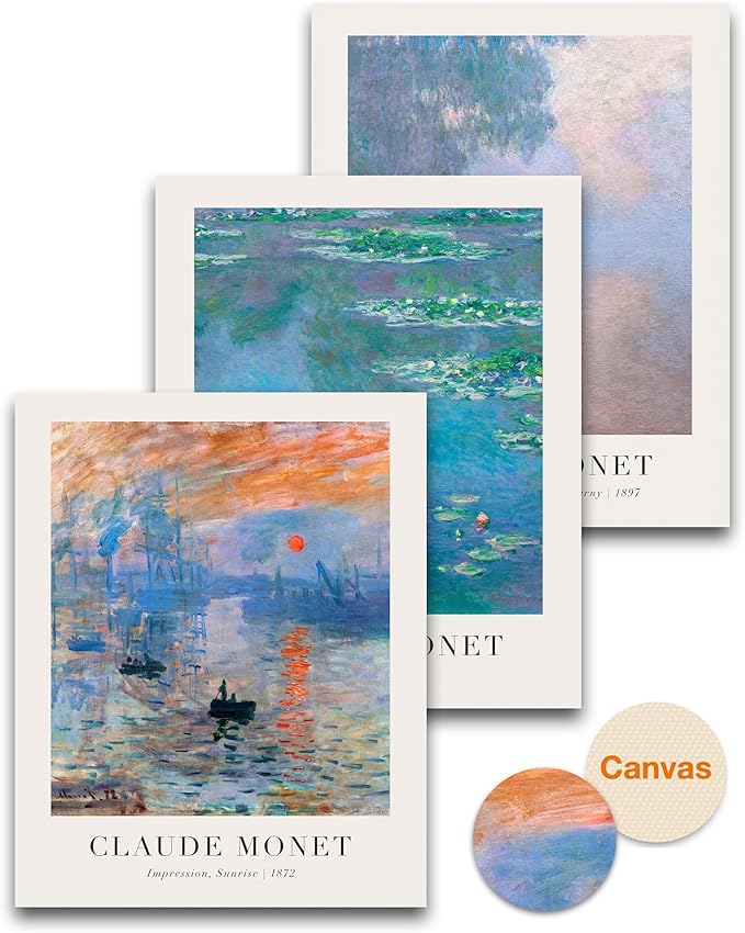 HesenDot Unframed Claude Monet Wall Art Set of 3,12x16in Water Lilies Impressionist Canvas Prints,Abstract Posters Decor,Minimalist Modern Artwork for Living Room Bedroom Office Home
