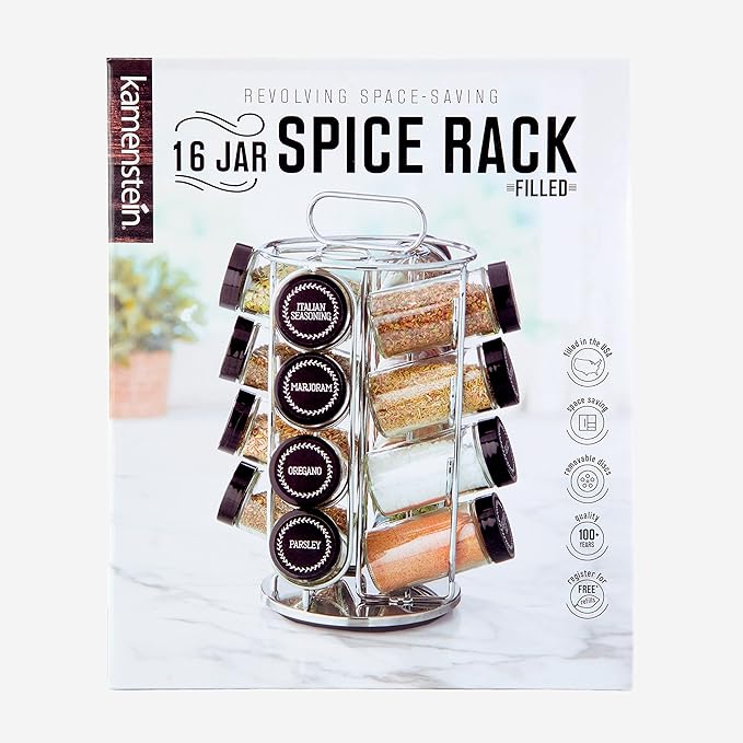 Kamenstein 16 Jar Montauk Revolving Countertop Spice Rack Organizer with Spices Included, FREE Spice Refills for 5 Years, Chrome with Black Caps
