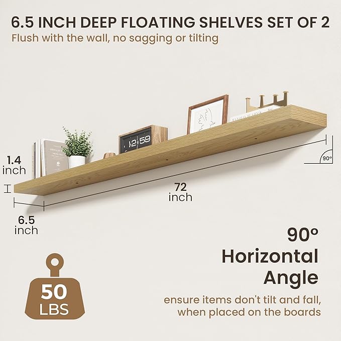 72 Inch Floating Shelves | 6.5 Inch Deep Oak Floating Shelves Set of 2 | 72" W x 6.5" D Rustic Oak Shelves with Invisible Brackets for Bathroom Living Room Bedroom