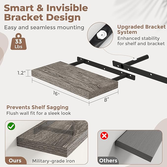 16 Inch Floating Shelves for Wall Set of 2, 8