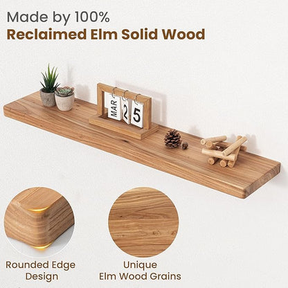 Floating Shelves for Wall, 36"Wx8"D Rustic Solid Elm Wood Floating Shelves Wall Mounted, Round Edge Wall Shelves with Invisible Bracket for Living Room Bathroom Bedroom Kitchen, Set of 2, Natural