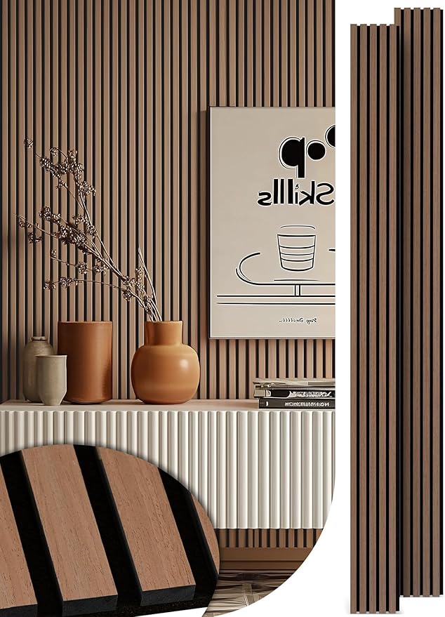 Mollywell Wood Slat Wall Panels - Time-Saving Installation Soundproof Slat Panels on Any Wall Surface, 0.95 NRC Dual-Layer Acoustic Design, Commercial-Grade MDF Core (2 Pack, 108x8in, Teak)