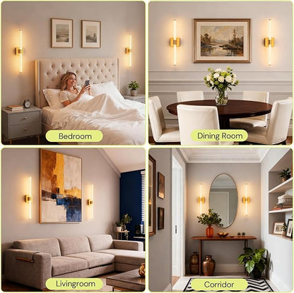 L LOHAS LED Battery Operated Wall Sconces Set of 2, 10000mAh Gold Battery Wall Sconce 360 Full Lighting, 3000K Dimmable Wireless Wall Light, Sconce Wall Decor for Bathroom, Bedroom, Living Room, 24in